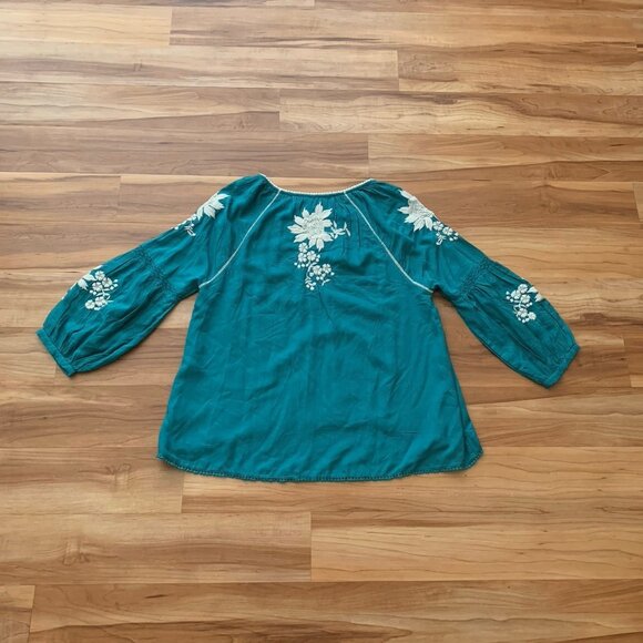 Sundance Teal Embroidered Naomi Isles Top Women’s PM Boho Balloon Sleeve - Picture 7 of 10